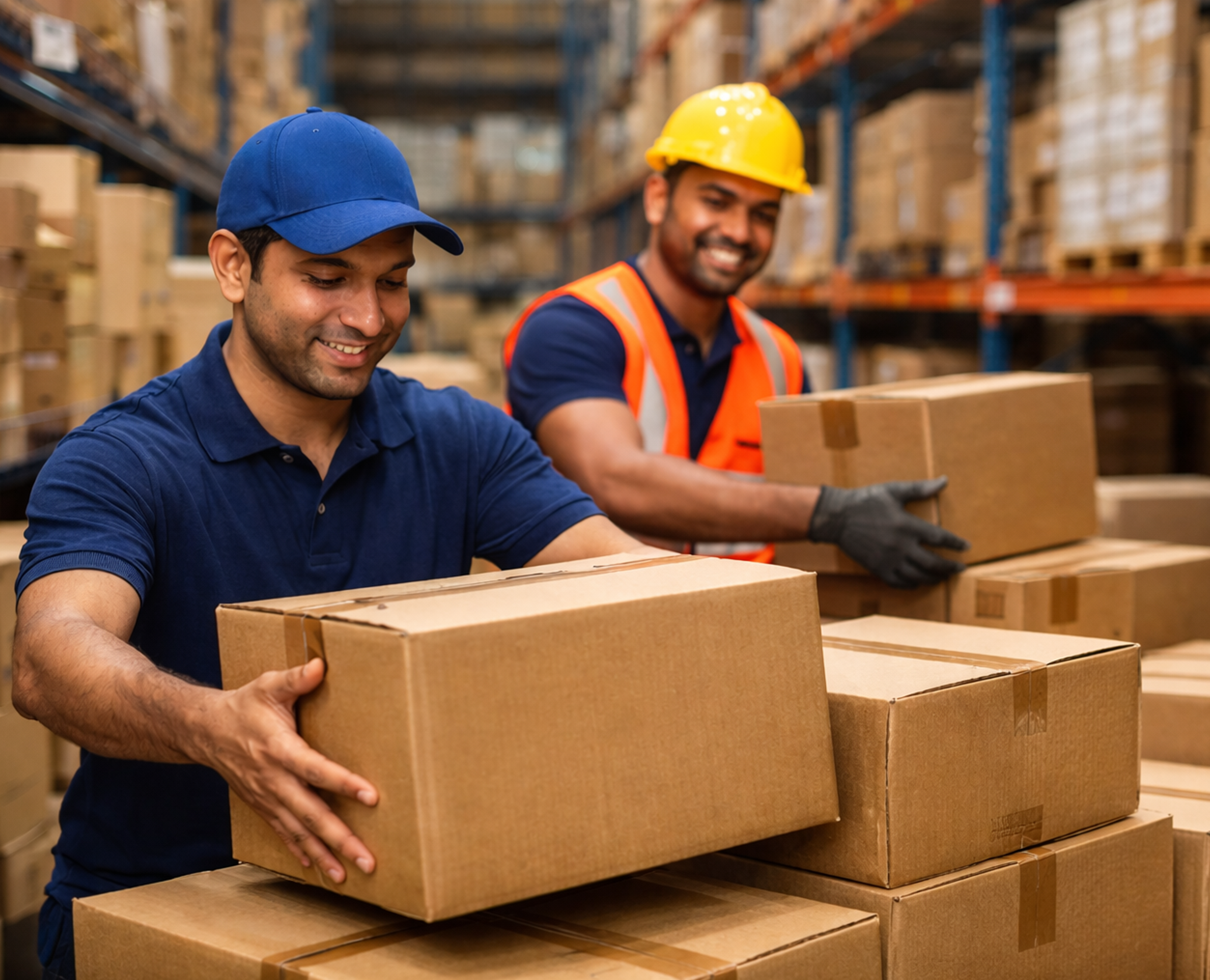 Storage workers handling boxes